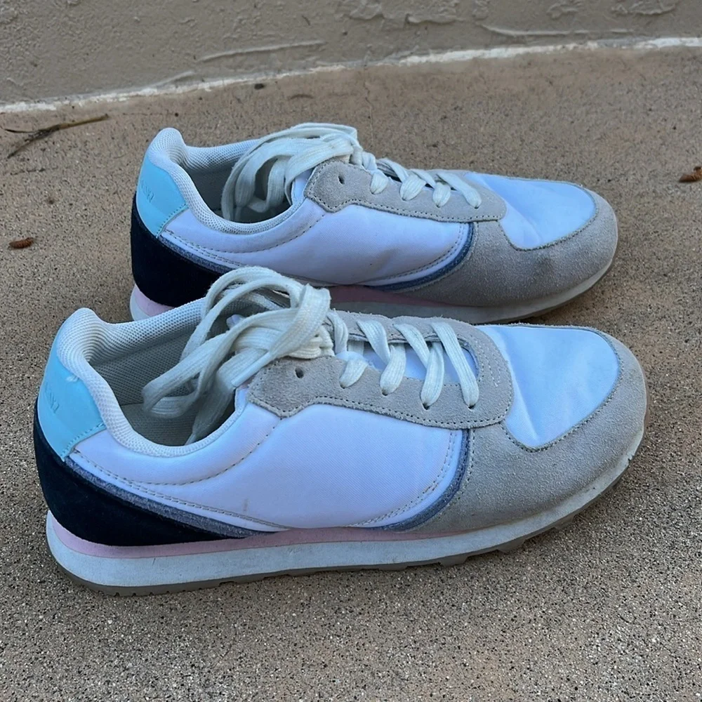 J Crew City Sneaker Spring Trainer white navy pink Women’s Size 7.5 Travel Laces - Picture 2 of 11